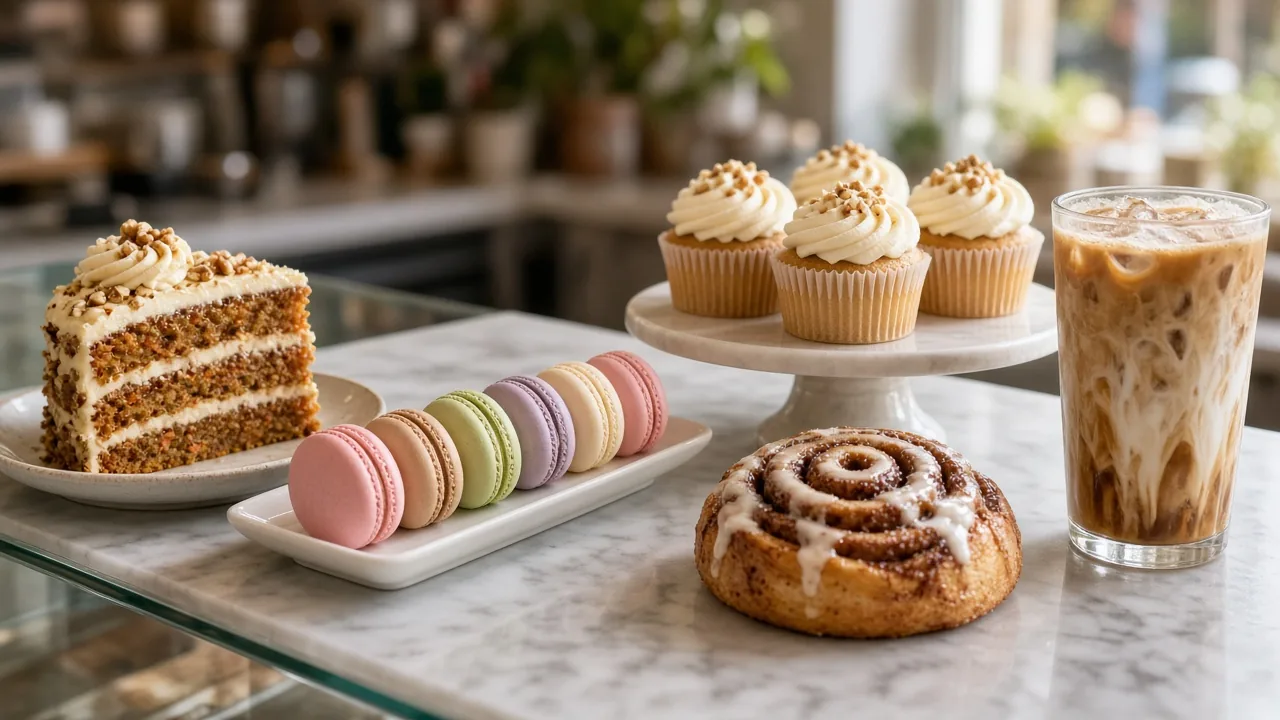 A slice of carrot cake, pastel macarons, frosted cupcakes, a cinnamon bun and an iced latte on a marble bakery counter